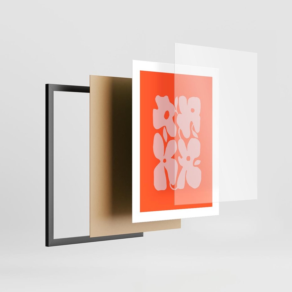 Plakat w ramie 30x40 - Taniec Abstrakcji - kwiaty, energetyczne pomarańczowe tłó - rama czarna