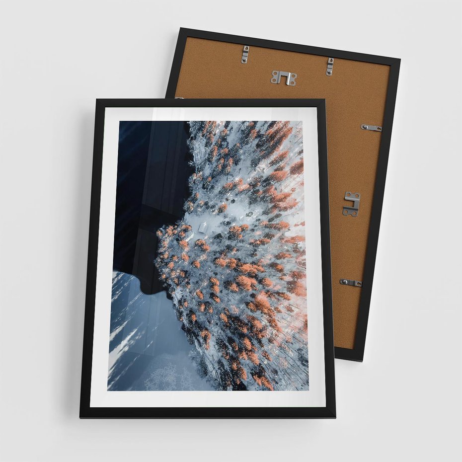 Plakat w ramie 50x70 - Lot Ptaka - zima, zimowy krajobraz - rama czarna