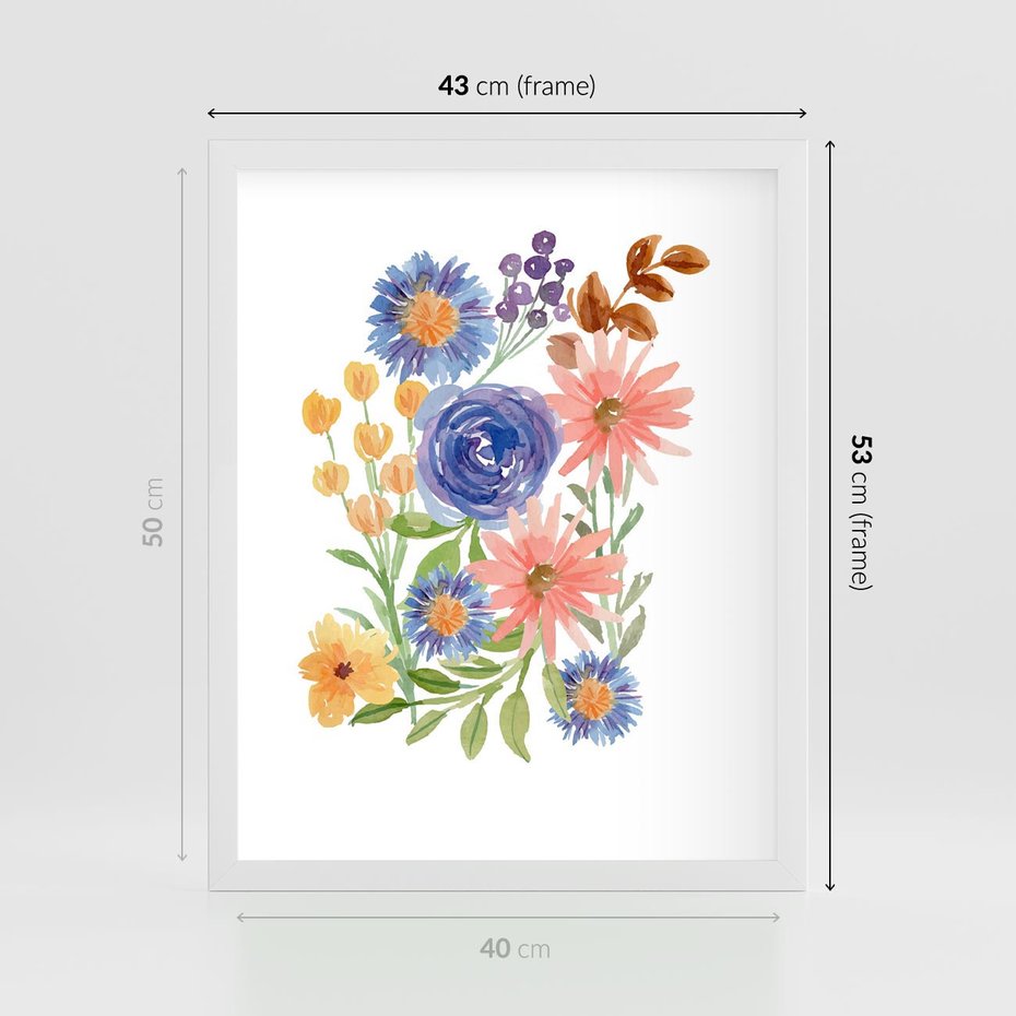 Plakat w ramie 40x50 - Migocące Widoki Kwiatów - akwarelowe polne kwiaty, minimalistyczny plakat - rama biała