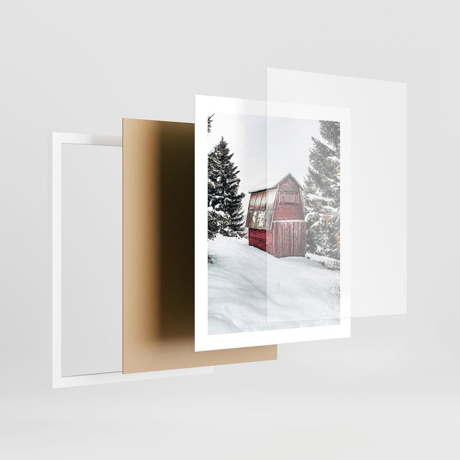 Plakat w ramie 40x50 - Domek w Śnieżnych Górach - domek, góry - rama biała