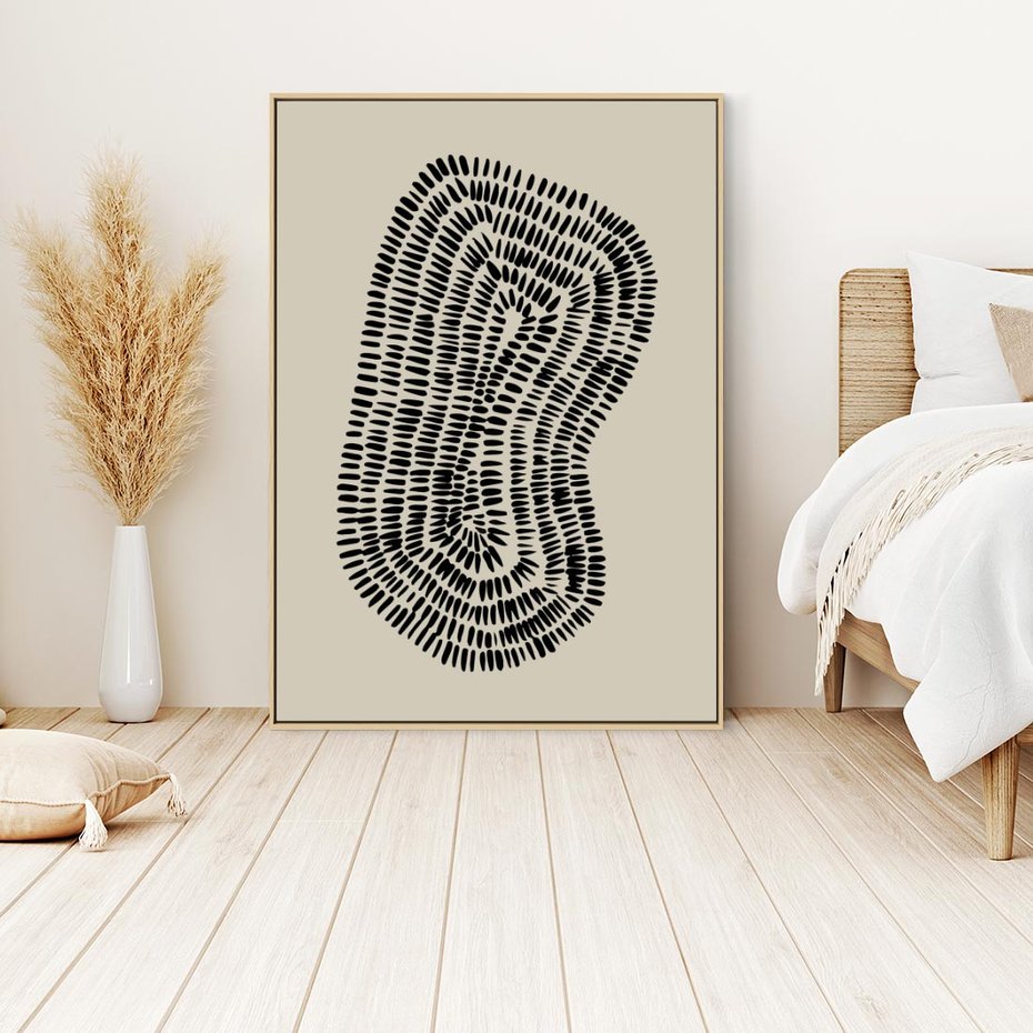 Obraz w ramie 80x120 - Nowoczesne Odbicia Wnętrza - boho plakat, czarne kropki kreski - rama drewno