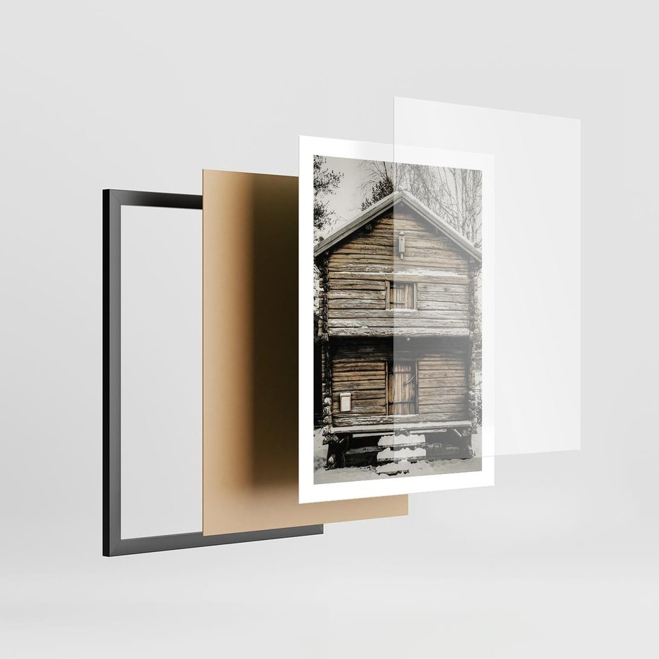 Plakat w ramie 50x70 - Stary Drewniany Dom w Śniegu - stary drewniany dom, zima - rama czarna