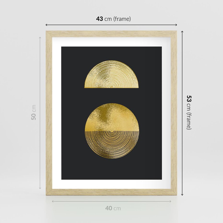 Plakat w ramie 40x50 - Migotliwe Przeniknięcia - złote koła, czarne tło - rama drewno