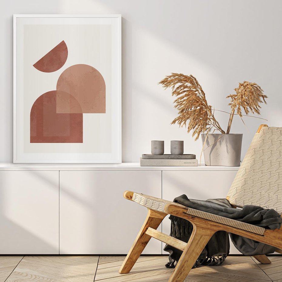 Plakat w ramie 30x40 - Harmonijne Widoki - abstrakcyjne geometryczne kształty, odcienie brązu i beżu - rama biała