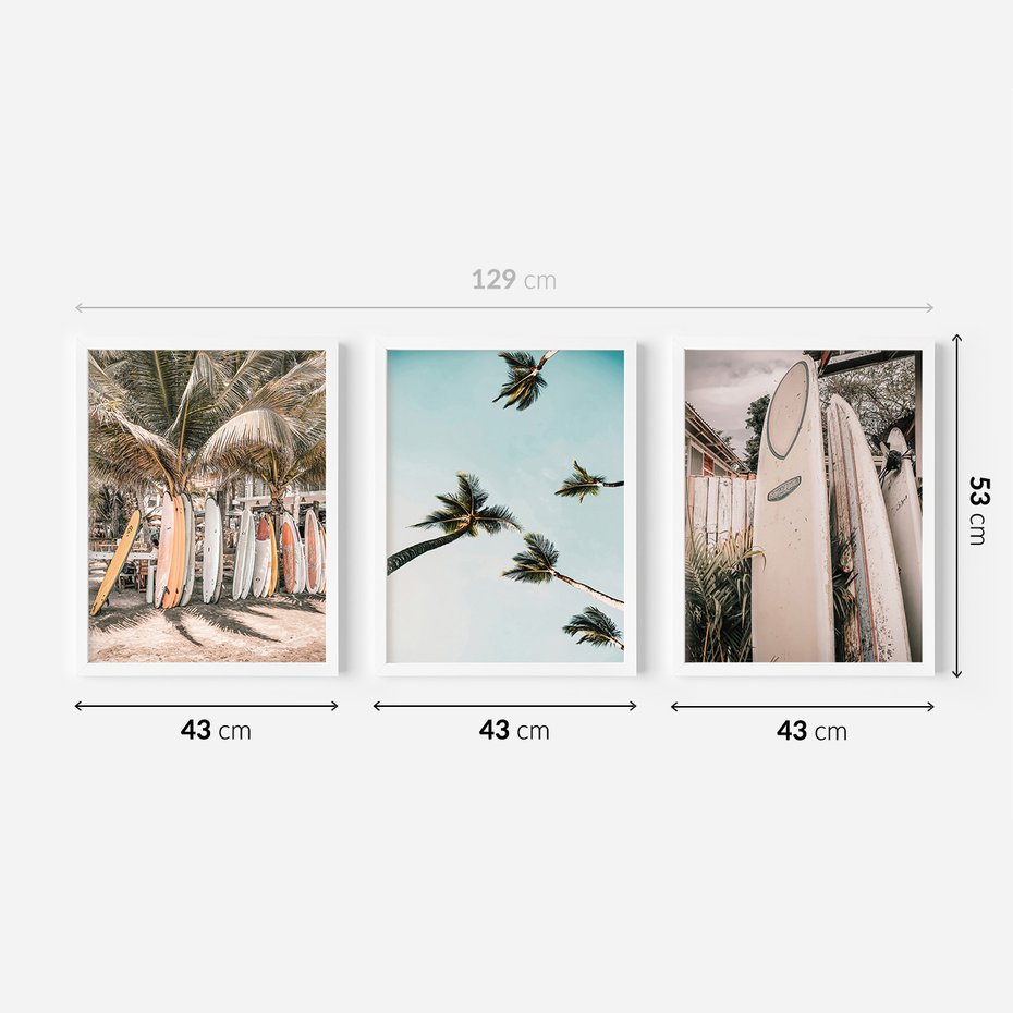 Zestaw obrazy w ramie 40x50 galeria - Surfing, palmy, wakacje - rama biała