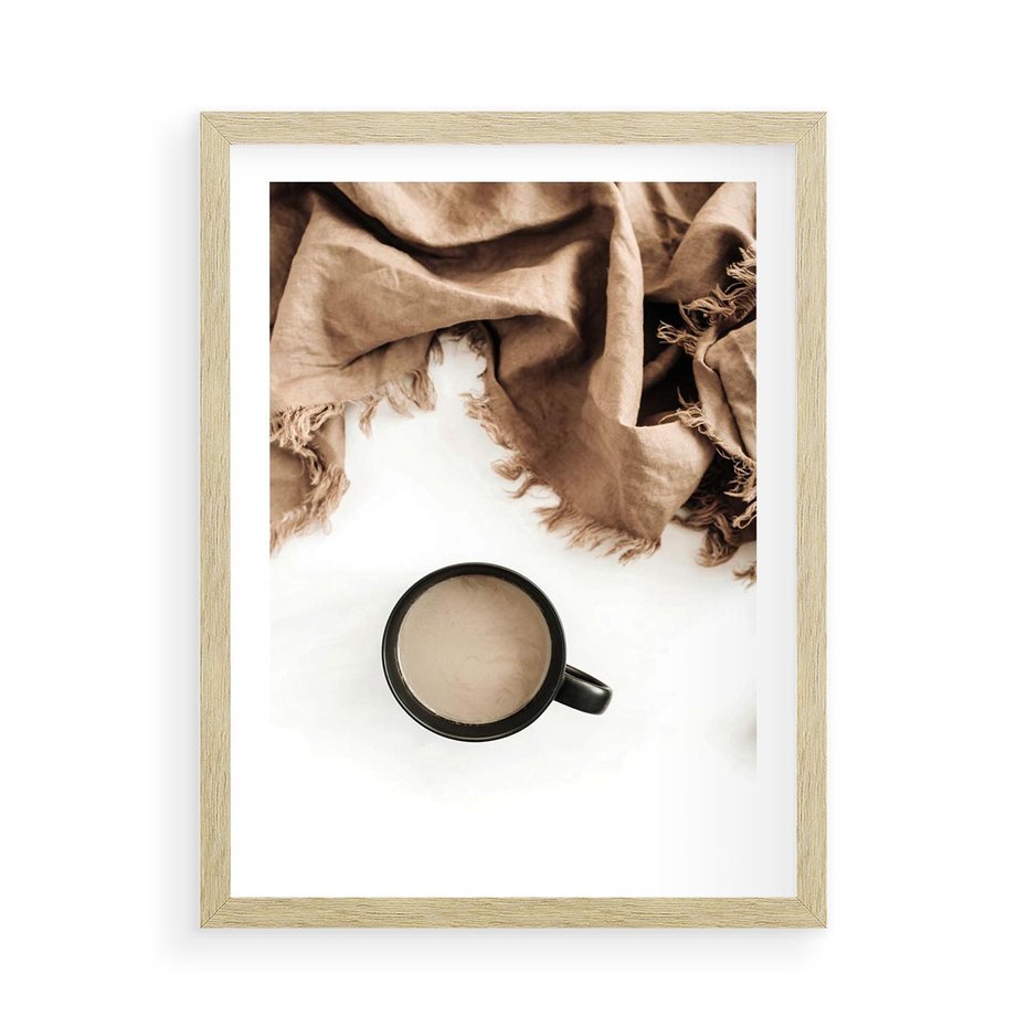 Plakat w ramie 50x70 - Kompozycja z Brązowym Kocem i Czarną Kawą - kompozycja, brązowy koc - rama drewno