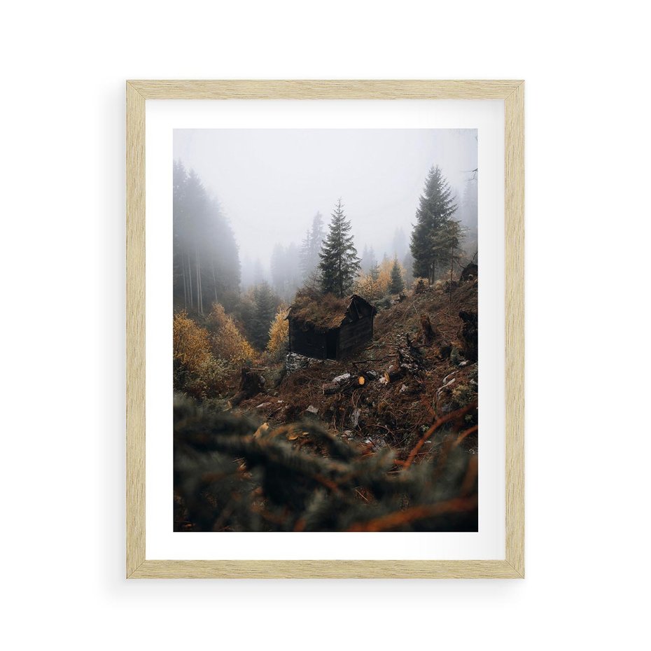 Plakat w ramie 40x50 - Górski las - stary zniszczony domek w górach, góry - rama drewno