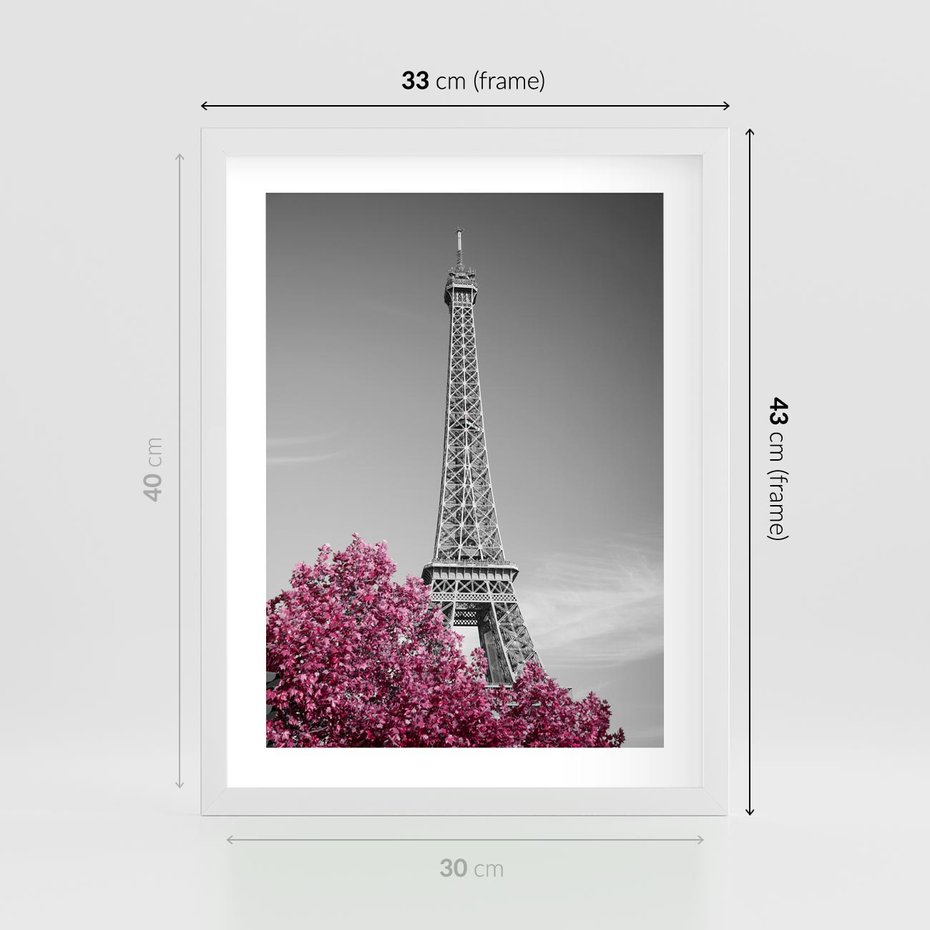 Plakat w ramie 30x40 - Różowy Paryż - czarno białe zdjęcie, wieża eiffla - rama biała