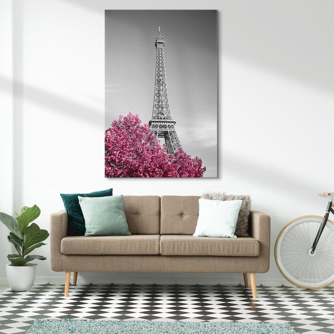 Obraz na płótnie 70x100 - Różowy Paryż - czarno białe zdjęcie, wieża eiffla