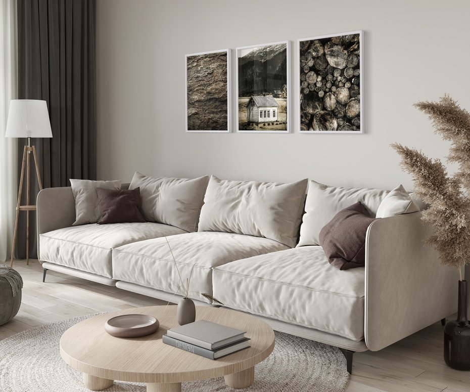 Zestaw obrazy w ramie 50x70 galeria - Sepia, domek, w, górach - rama biała