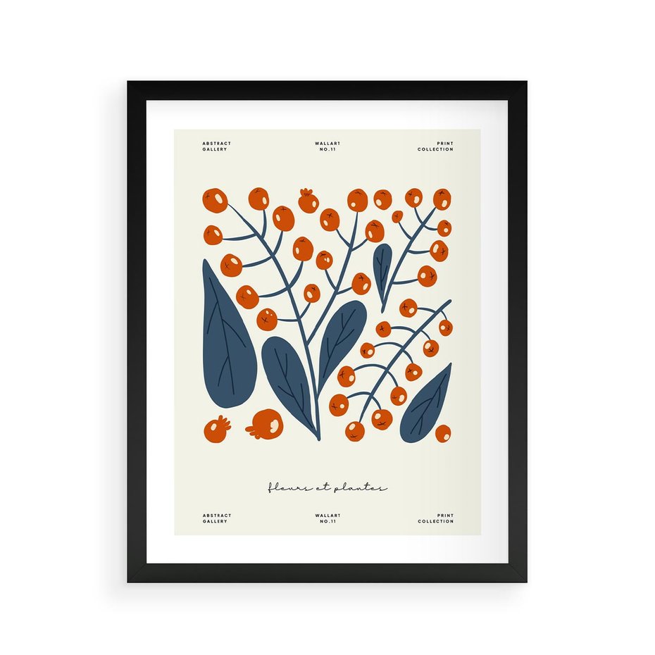 Plakat w ramie 40x50 - Minimalistyczna Uroda Jarzębin - jarzębiny, niebieskie liście - rama czarna