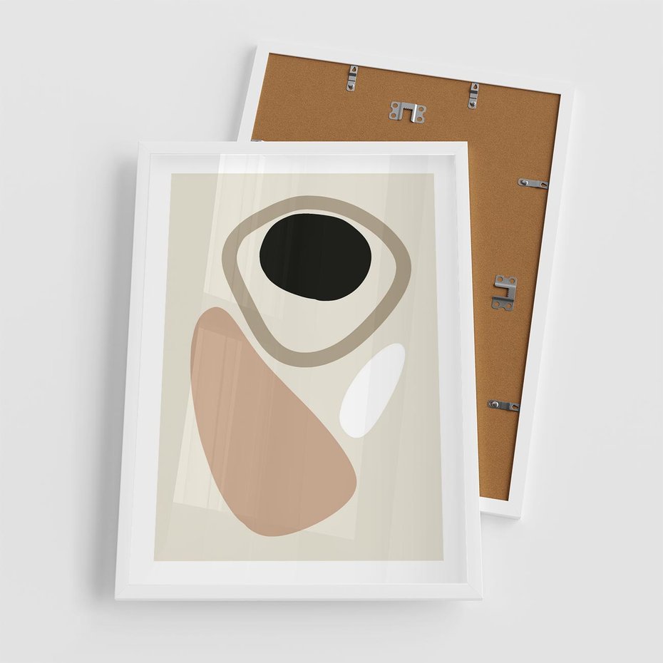 Plakat w ramie 50x70 - Beżowa Synergia - beżowa abstrakcyjna kompozycja, czarny akcent - rama biała