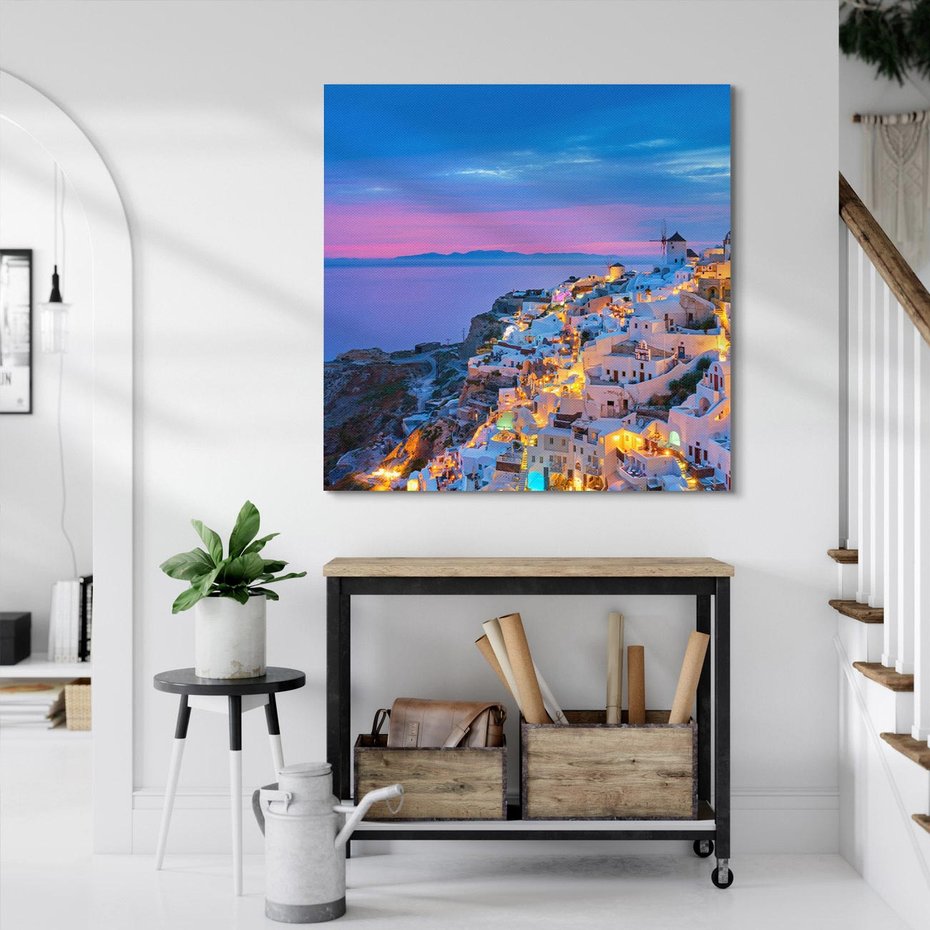 Obraz na płótnie 80x80 - Wyblakłe wspomnienia gwiazd - Santorini, wieczór