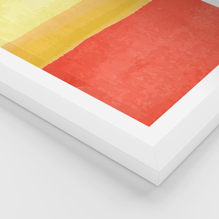 Plakat w ramie 30x40 - Rozmyte Odbicia - kolorowe akwarelowe pasy, odcienie żółci i czerwieni - rama biała