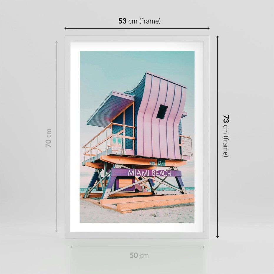 Plakat w ramie 50x70 - Miami Beach - plaża miami, domek ratownika - rama biała