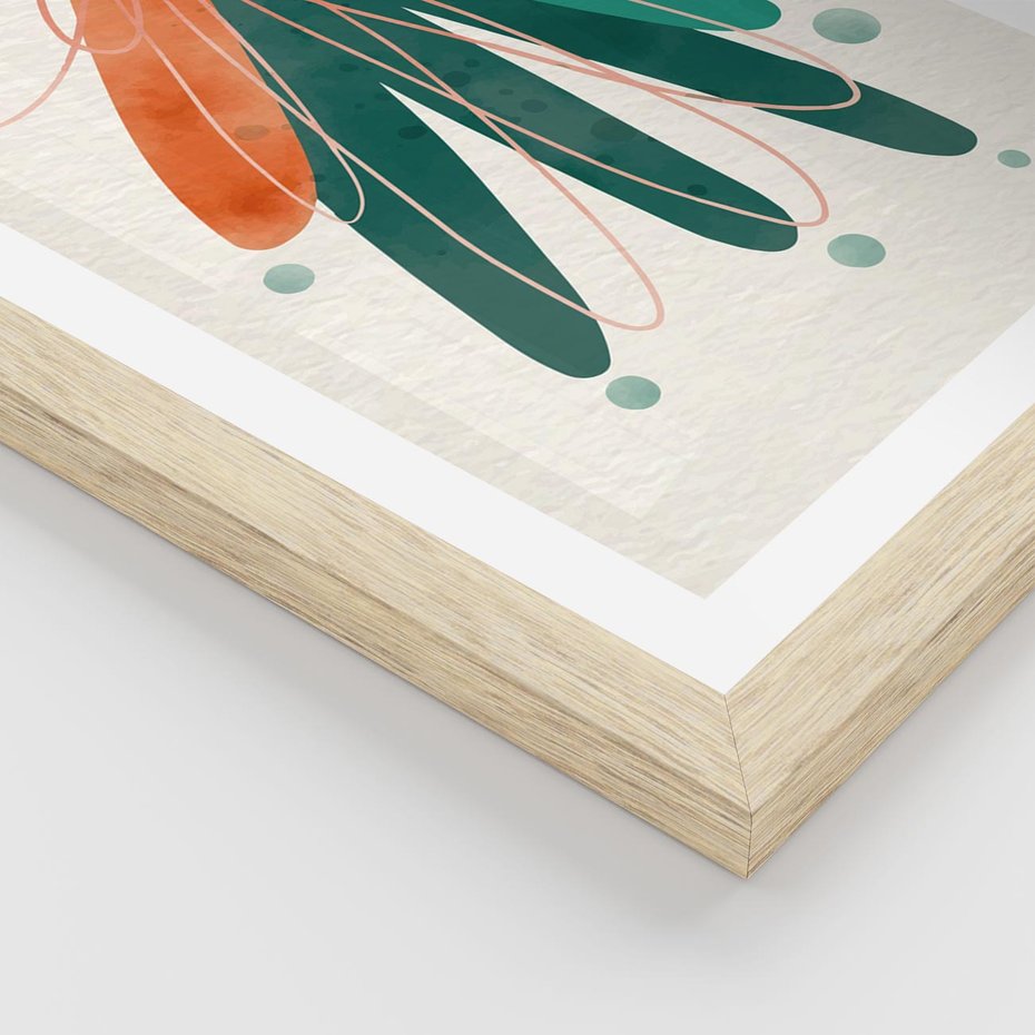 Plakat w ramie 50x70 - Energetyczna Harmonia Kwiatów - akwarelowe abstrakcyjne kształty, zieleń i pomarańcz - rama drewno