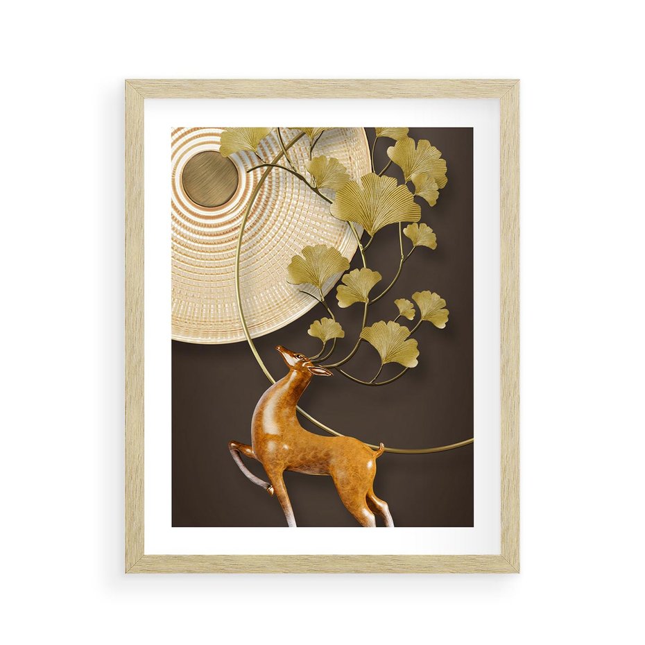 Plakat w ramie 40x50 - Elegancja i Tradycja - złote, liście - rama drewno