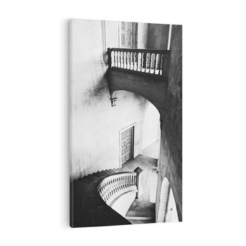 Obraz na płótnie 80x120 - Po Schodach w Dół - czarno białą fotgrafia, zakręcone schody w starek kamienicy