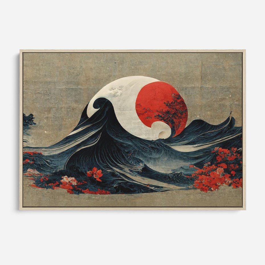 Obraz w ramie 120x80 - Requiem dla marzeń - sztuka japońska, fale oceanu - rama drewno