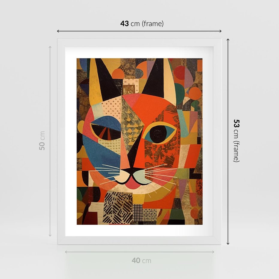 Plakat w ramie 40x50 - Impresje Nieznanych Odniesień - abstrakcyjny obraz olejny, kot - rama biała