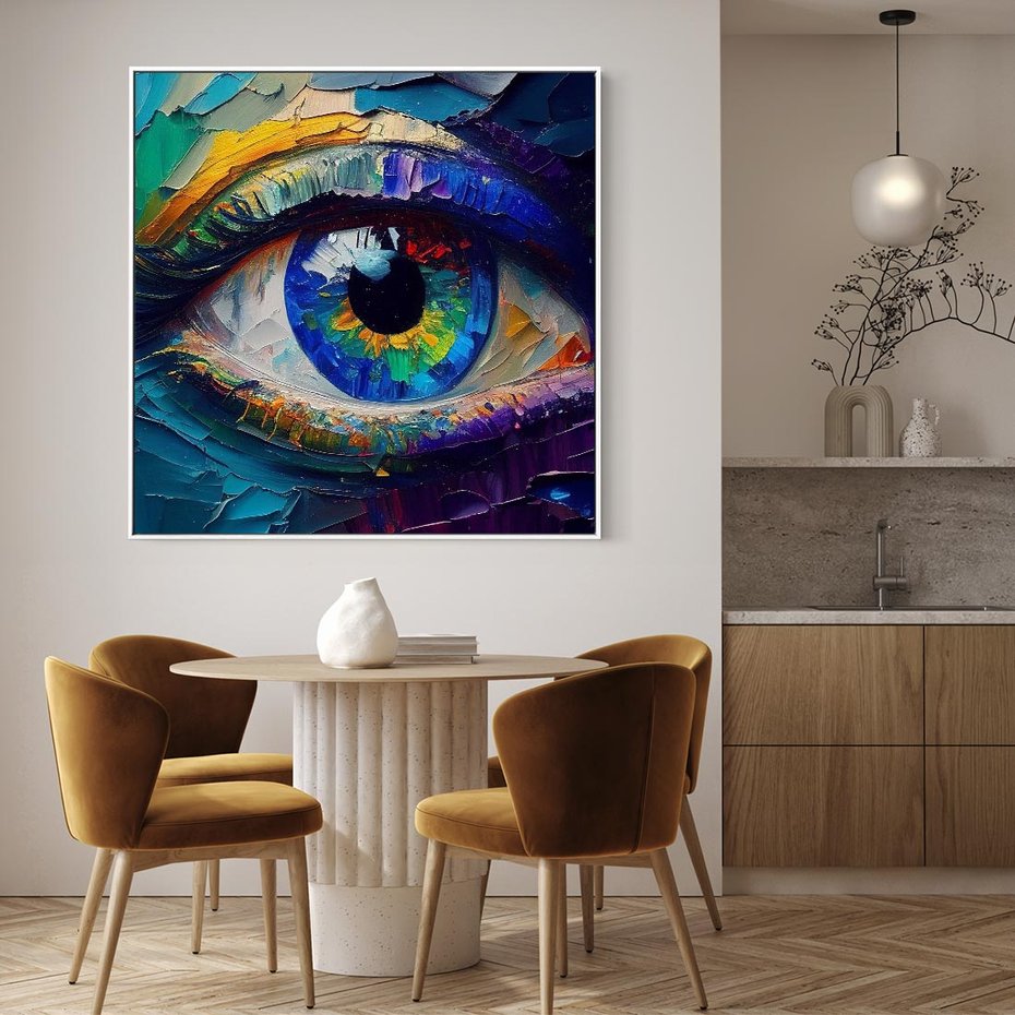 Obraz w ramie 80x80 - Mistyka Tęczowego Oka - oko, obraz olejny - rama biała