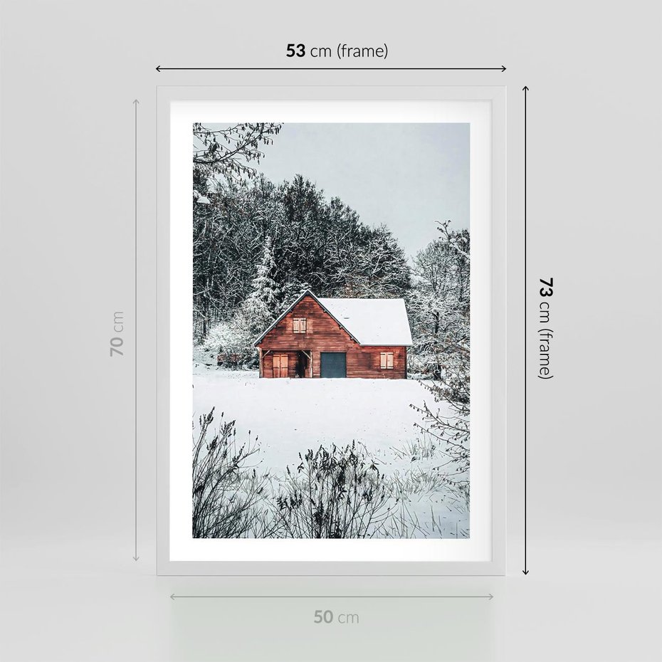 Plakat w ramie 50x70 - Domek w Górach Pokryty Śniegiem - domek w górach, śnieg - rama biała