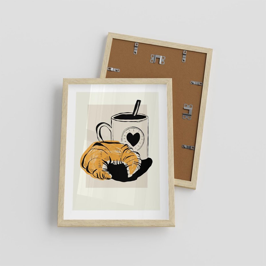 Plakat w ramie 30x40 - Śniadanie z Croissantem - grafika, croisant - rama drewno