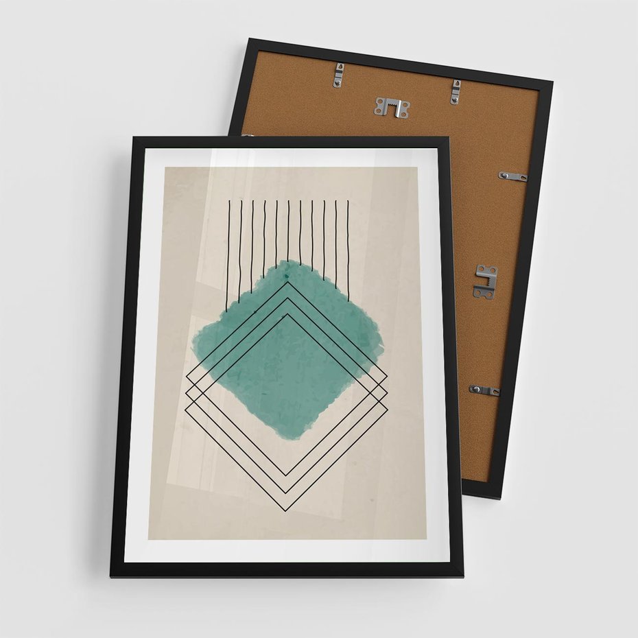 Plakat w ramie 50x70 - Impresje Przestrzeni - akwarelowa plama, geometryczne szkicowane kształty - rama czarna