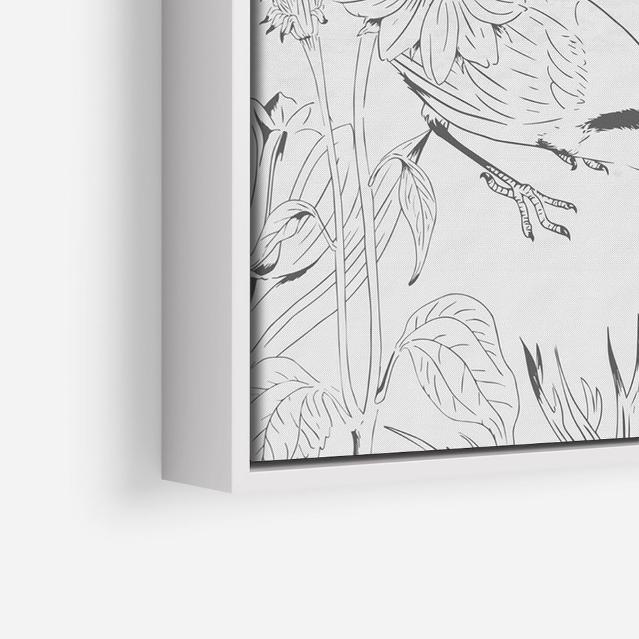 Obraz w ramie 80x120 - Tropiki w Monochromie - czarno biały szkic, tropikalne ptaki - rama biała