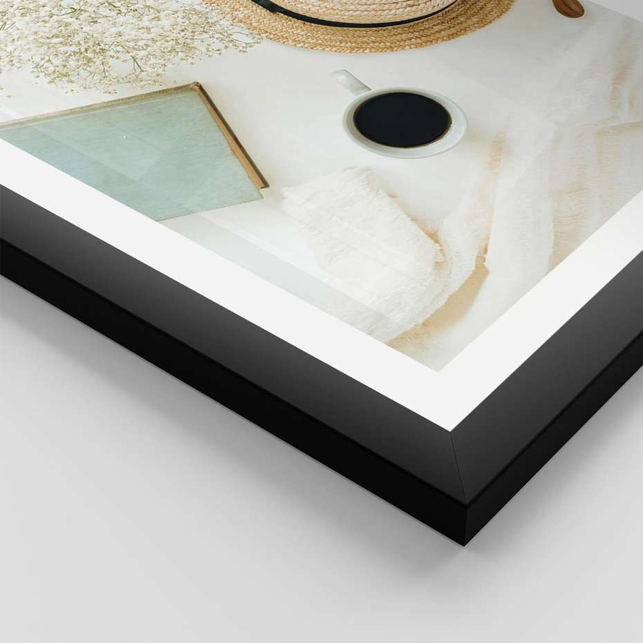 Plakat w ramie 30x40 - Boho Urok - kompozycja boho, slomkowy kapelusz - rama czarna