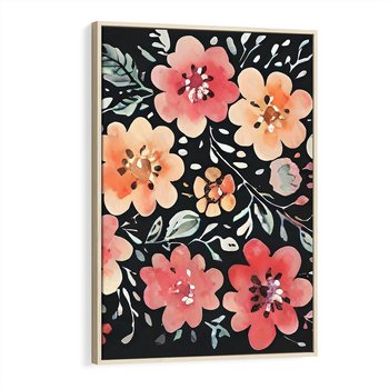 Obraz w ramie 80x120 - Labirynty melancholii - akwarelowe, pastelowe kwiaty na czarnym tle - rama drewno