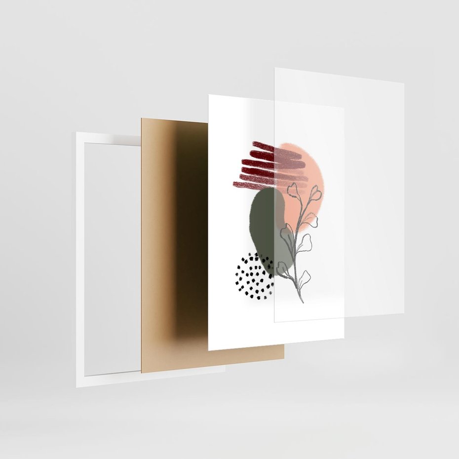 Plakat w ramie 50x70 - Przenikające Widzenia - abstrakcyjna sztuka, liście - rama biała