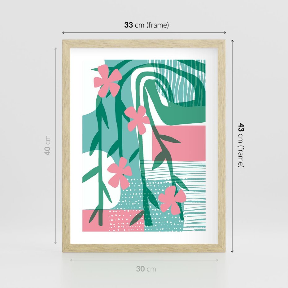 Plakat w ramie 30x40 - Rozkwitające Harmonie Form - abstrakcyjne pastelowe kwiaty, nowoczesna sztuka - rama drewno