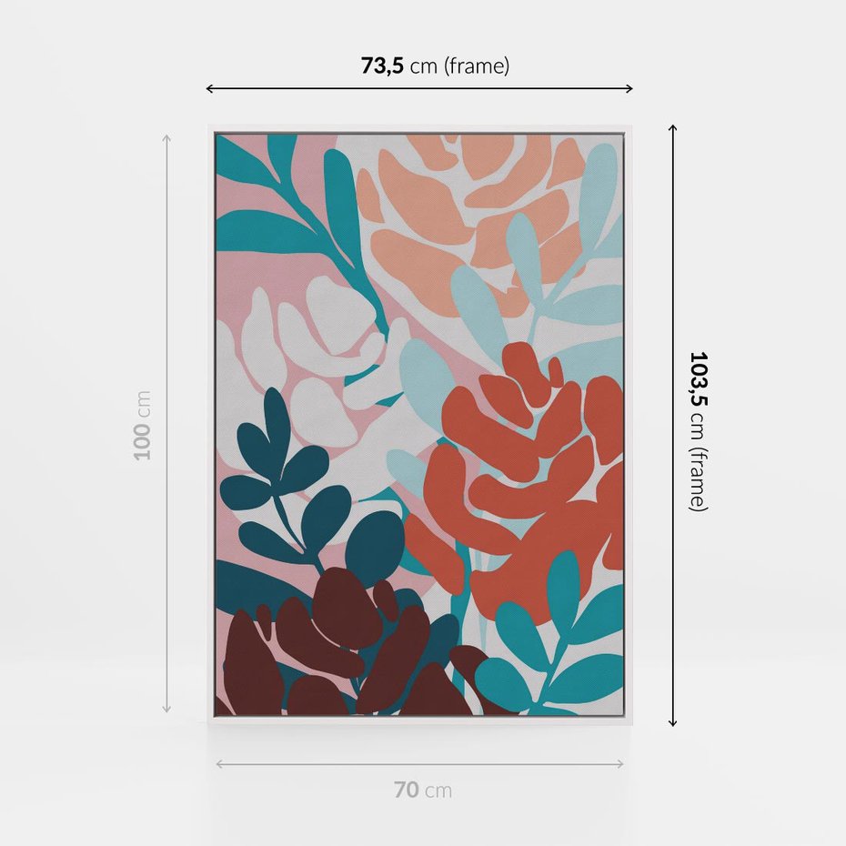 Obraz w ramie 70x100 - Impresje Kształtów - abstrakcyjna kompozycja kwiatowych form, kolor zgaszone - rama biała