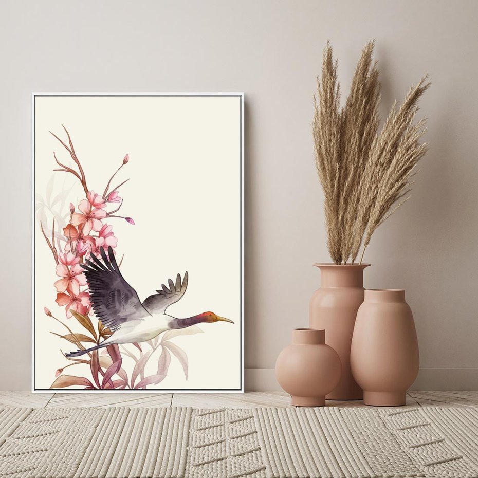 Obraz w ramie 80x120 - Szept Japonii - japońska sztuka, ptak - rama biała