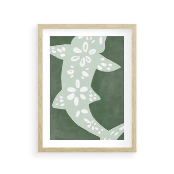 Plakat w ramie 50x70 - Migotliwe Wibracje Zieleni - zielony plakat, abstrakcja przypominająca rybę - rama drewno