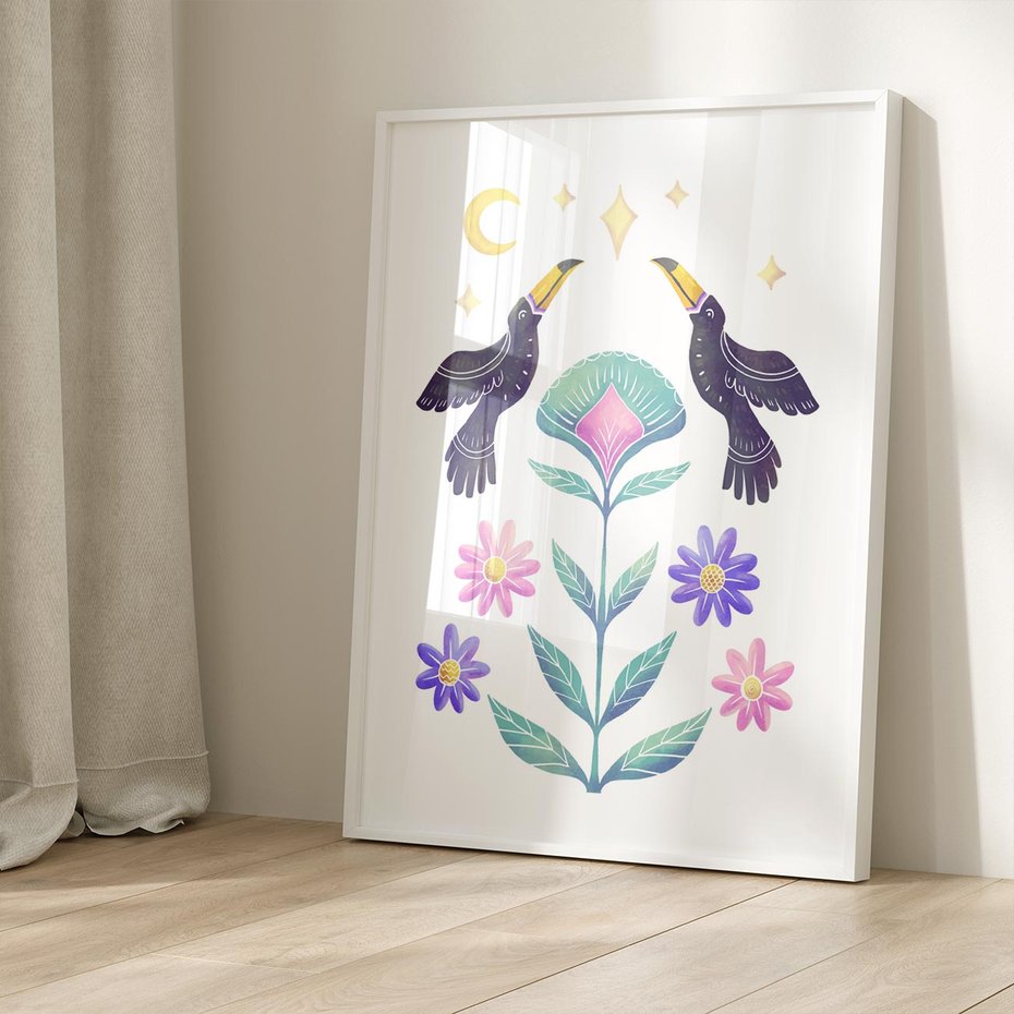 Plakat bez ramy 40x50 - Przenikająca Dżungla - boho plakat, tukany