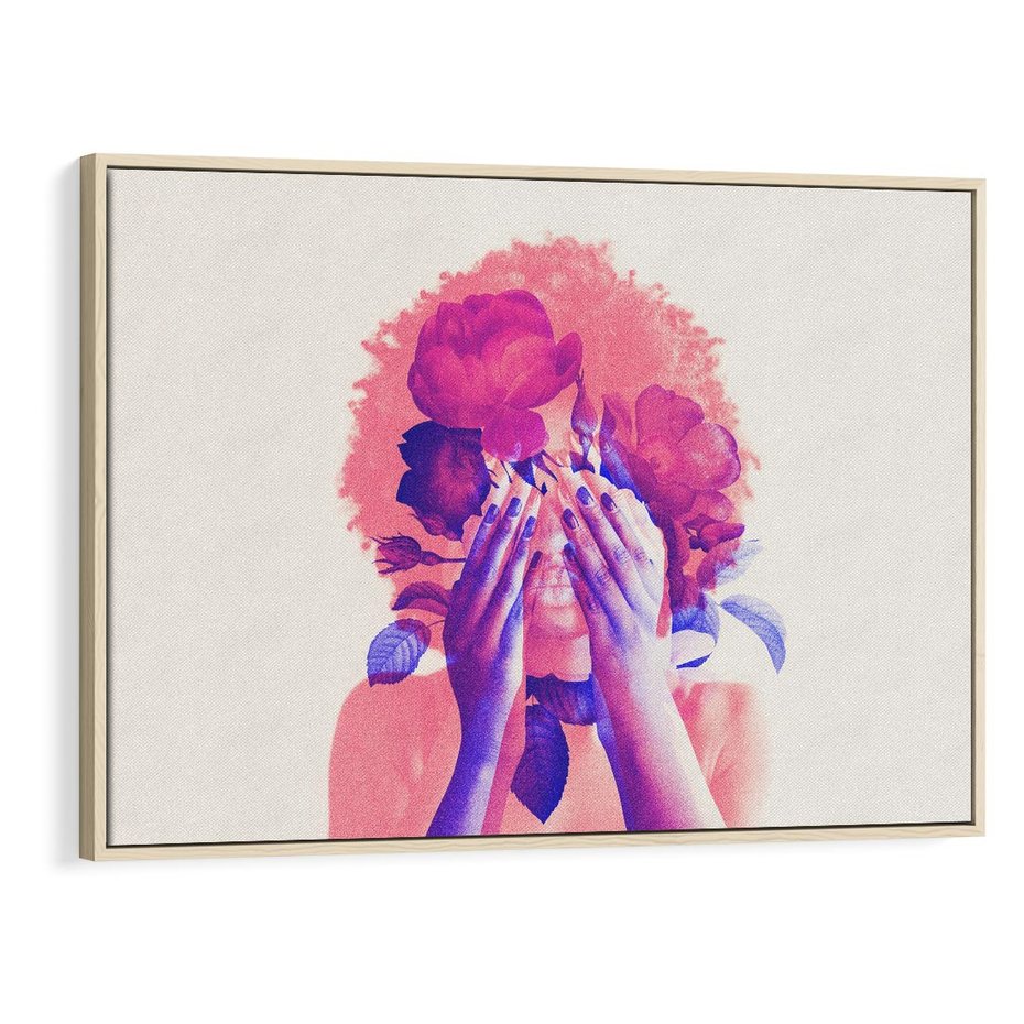 Obraz w ramie 100x70 - Kwiaty we Włosach - różowa postać, grafika - rama drewno
