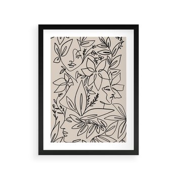 Plakat w ramie 30x40 - Kobiecy Portret Duszy - beżowe tło, czarny szkic nowoczesnych kwiatów - rama czarna
