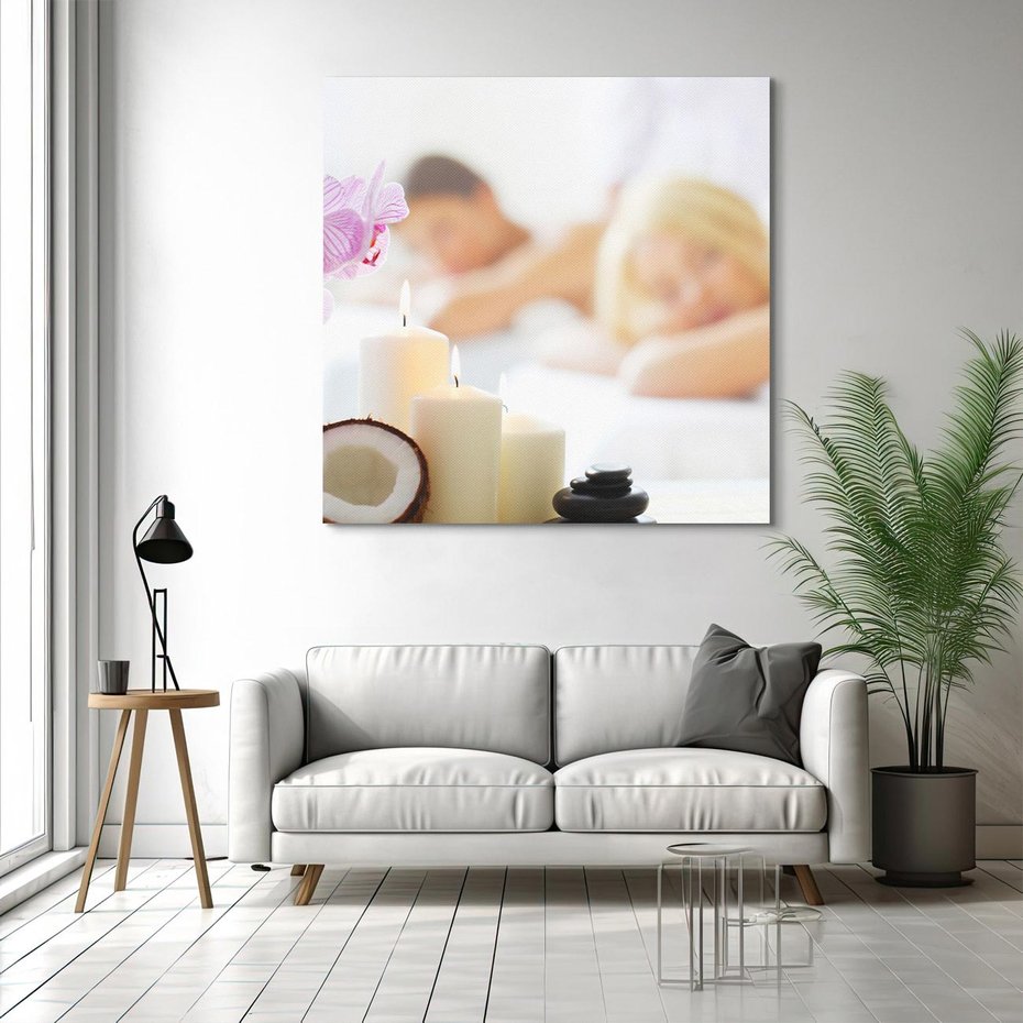 Obraz na płótnie 60x60 - Kokos, świece i kwiaty w SPA - kokos, świece