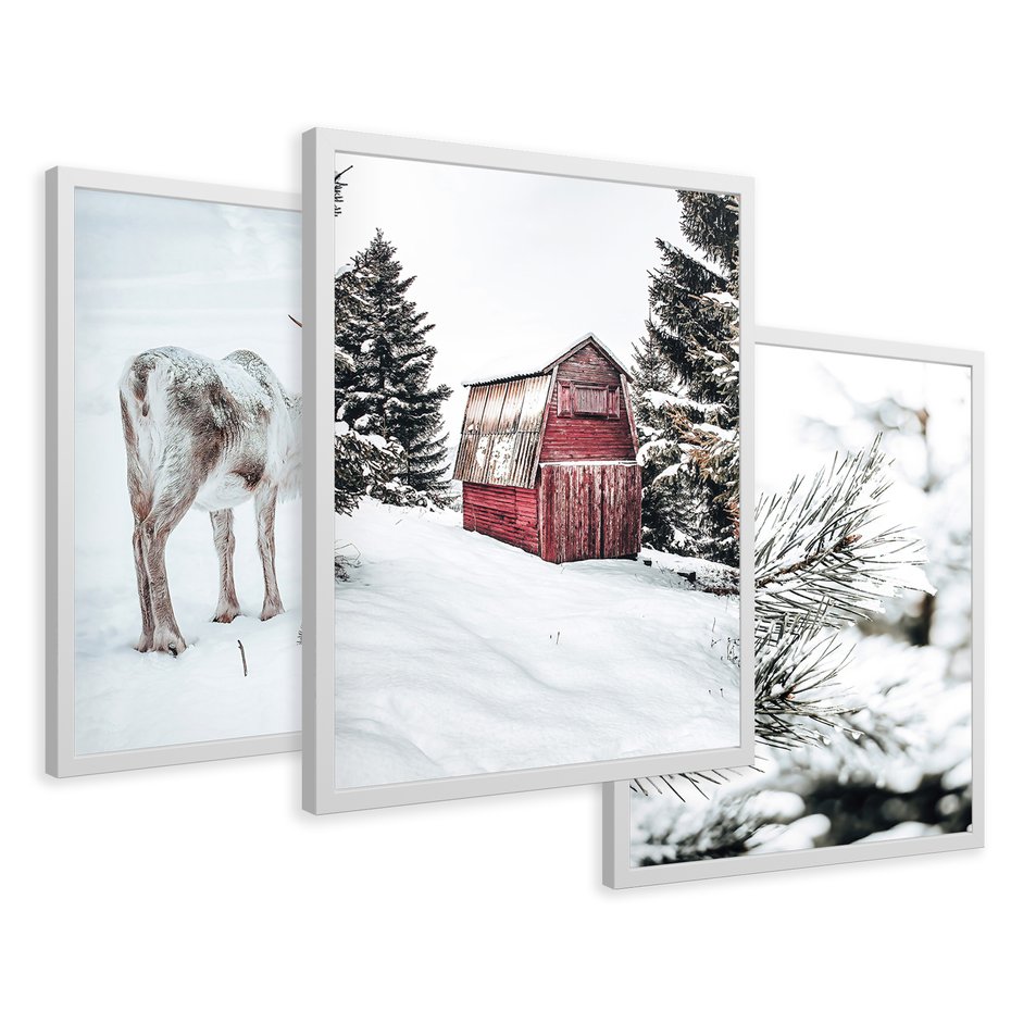 Zestaw obrazy w ramie 50x70 galeria - Zimowy, widok, renifer - rama biała