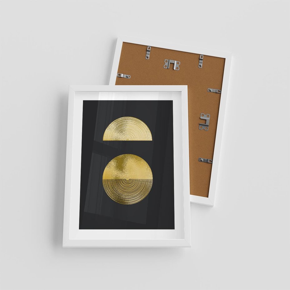 Plakat w ramie 30x40 - Migotliwe Przeniknięcia - złote koła, czarne tło - rama biała