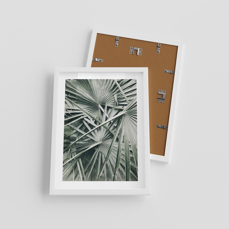 Plakat w ramie 30x40 - Palmy w Zgaszonej Zieleni - palmy, tropikalne liście - rama biała