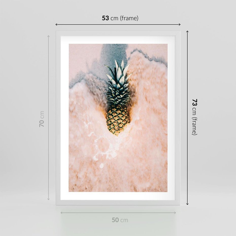 Plakat w ramie 50x70 - Egzotyczna Plaża - ananas, na plaży - rama biała