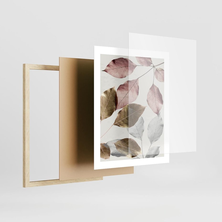 Plakat w ramie 40x50 - Pastelowe Liście z Nutką Złota - liście, pastelowe kolory - rama drewno