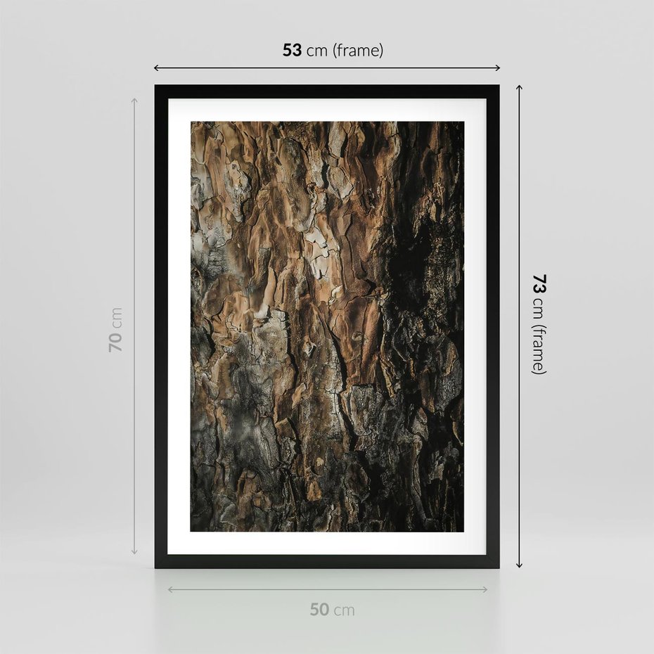 Plakat w ramie 50x70 - Tekstura Drewna: Zbliżenie - zbliżenie na pień drzewa, tekstura - rama czarna