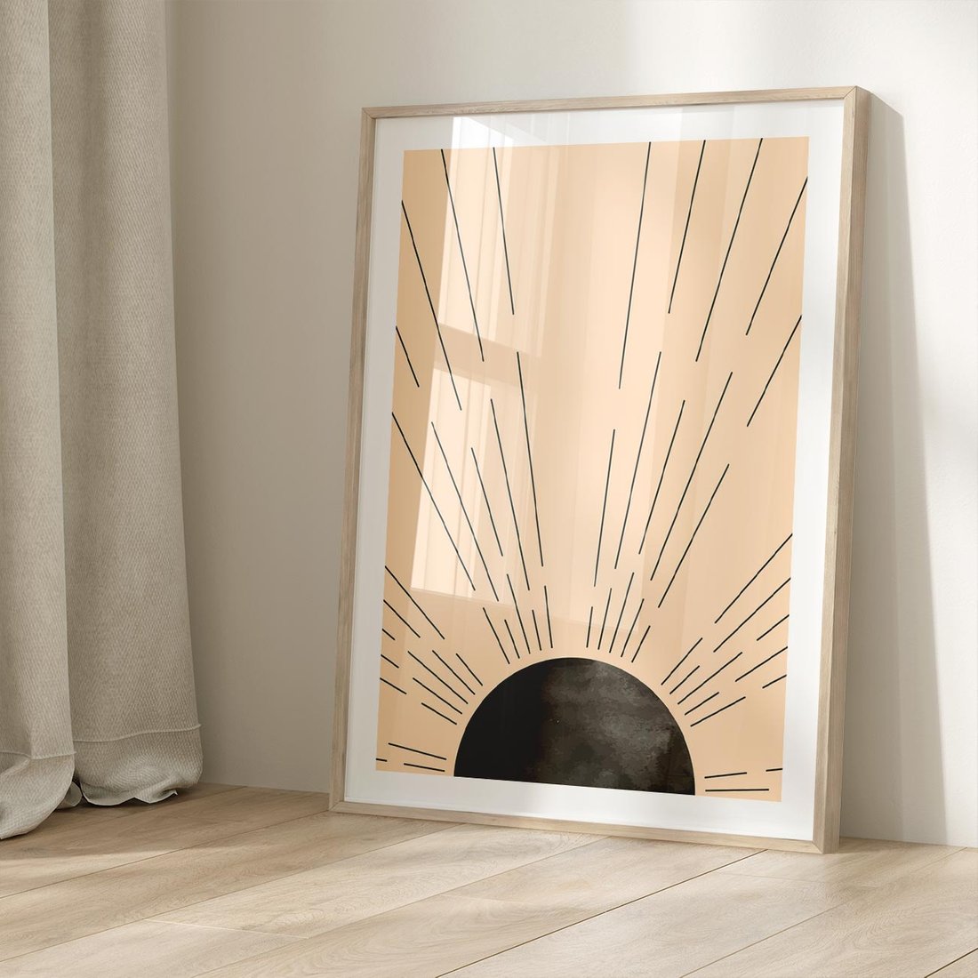 Plakat w ramie 50x70 - Migocące Kształty Promieni - boho czarne słońce, nowoczesna grafika - rama drewno