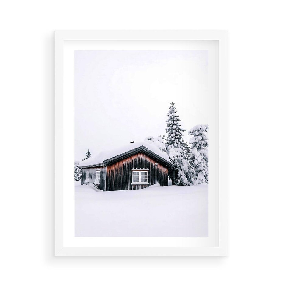 Plakat w ramie 50x70 - Zimowy Azyl: Domek w Górach - domek w górach, śnieg - rama biała