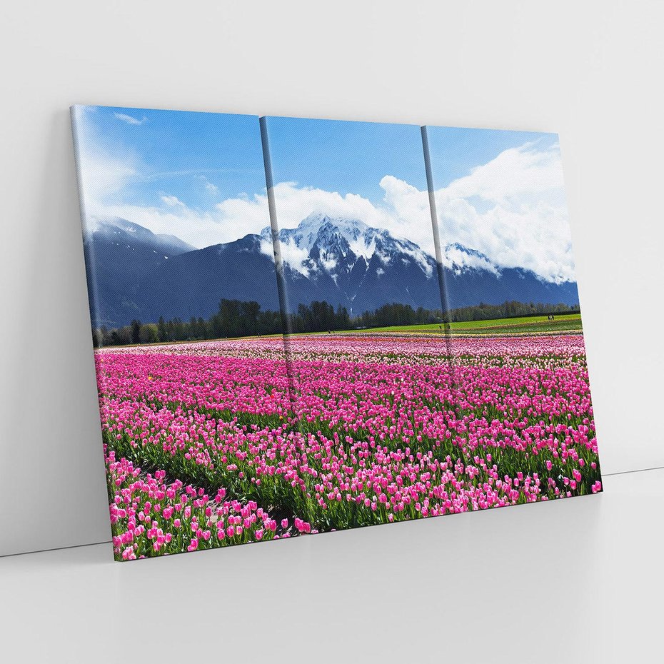 Obraz na płótnie 120x80 - Tulipany w malowniczym krajobrazie" - tulipany, krajobraz