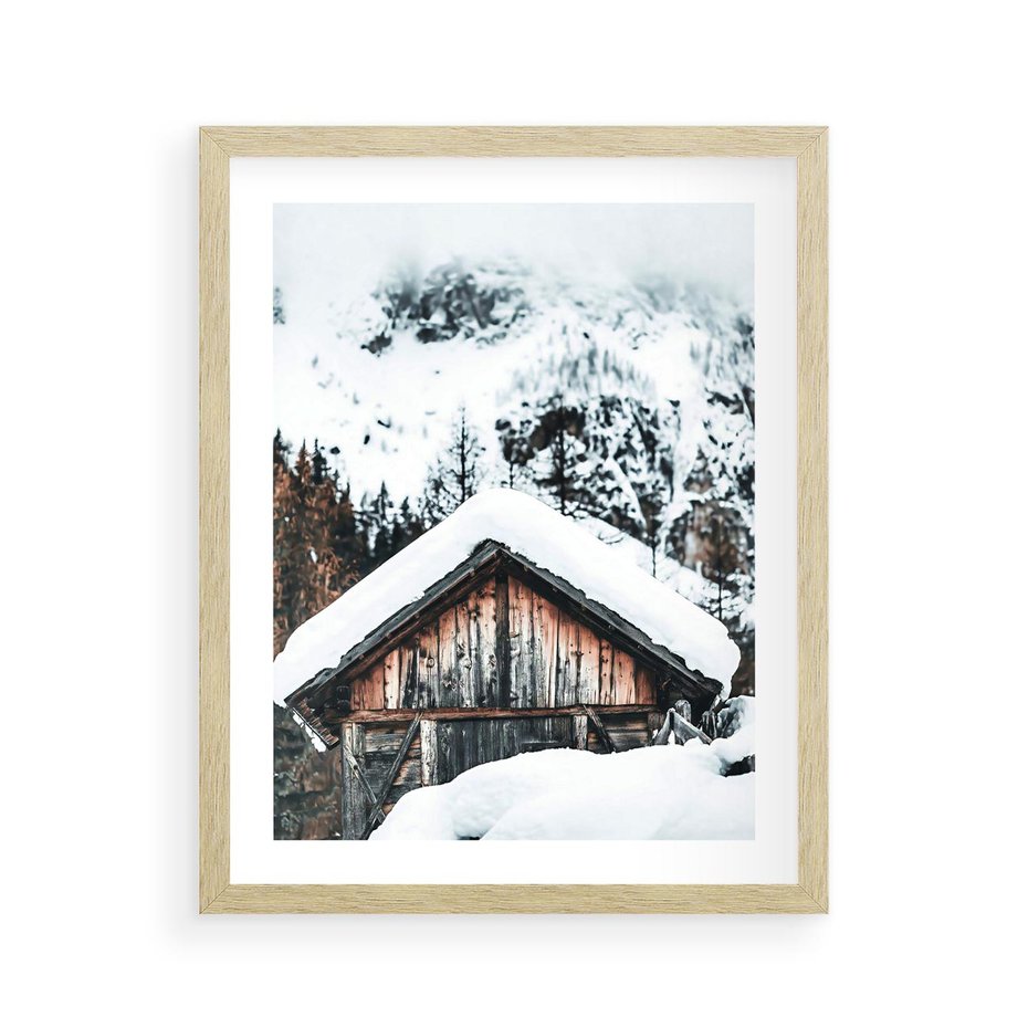 Plakat w ramie 40x50 - Domek w Górach w Białym Odcieniu - zima, domek w górach - rama drewno